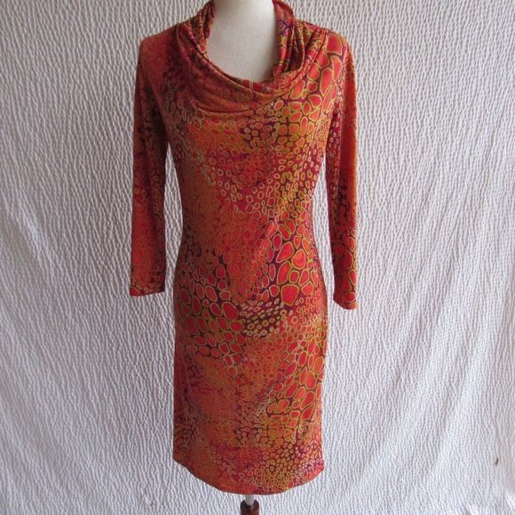 Natori Cowl Neck Dress XS Funky Pebble Printed Snake Print Coral Gold Red 3/4 - Picture 1 of 5